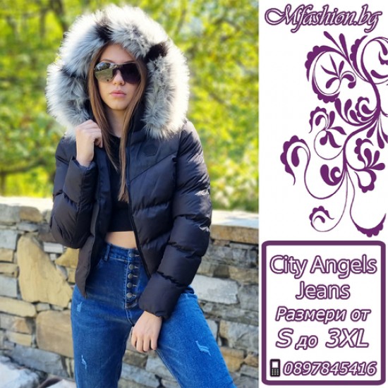 Дамско пухено яке с качулка, City Angels Jeans, Черно, 6824